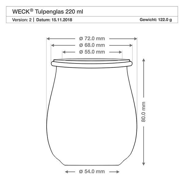 220ml Tulpenglas WECK RR60 WECK Tulpenglas 220ml RR60 technische Zeichnung mit Maßangaben, Durchmesser und Höhe in Millimetern