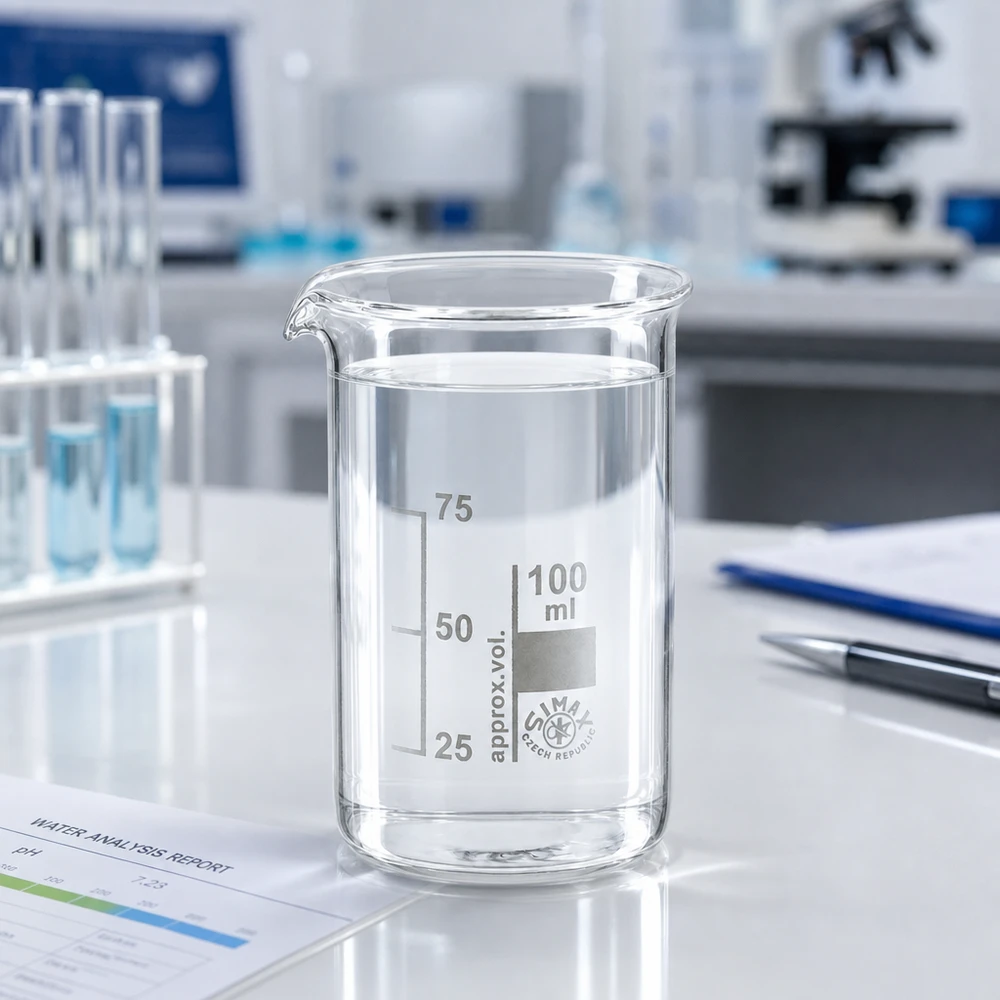 Becherglas 100 ml Borosilikatglas hohe Form im Labor auf weißer Arbeitsfläche mit Messskala