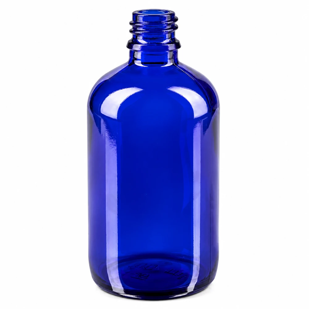 Blaue 100ml Apothekerflasche aus Glas für professionelle Anwendung in Pharmazie und Kosmetik bei Pacadura