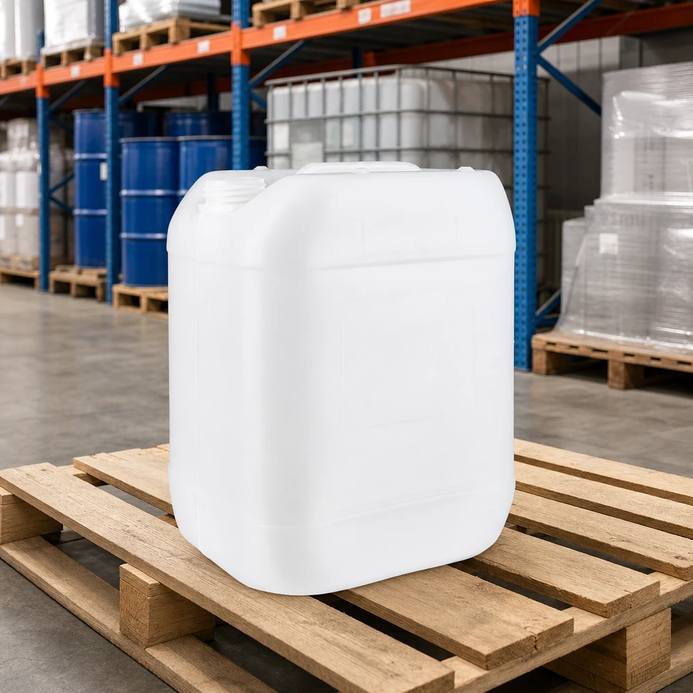 Kanister 20 Liter ohne Verschluss Weißer 20 Liter HDPE Kanister ohne Verschluss auf Holzpalette im Industrielager