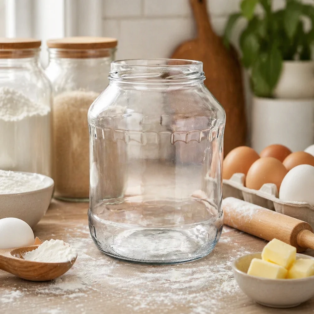 UNiTWIST Runda2650 Sturzglas 2650ml leer auf Küchentisch mit Backzutaten Eiern Butter Mehl Küchenszene TO100 Gewinde