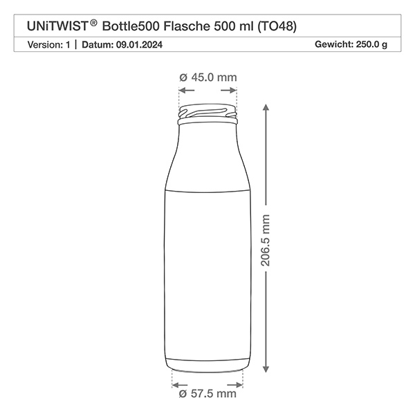 500ml Glasflasche ohne Deckel (TO48) UNiTWIST