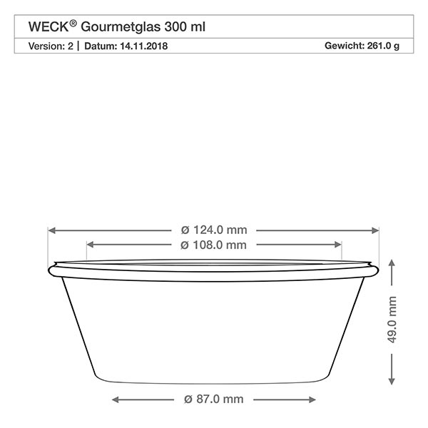 300ml Gourmetglas WECK RR120 Technische Zeichnung WECK RR120 Gourmetglas 300ml mit Maßangaben Durchmesser 124mm 108mm 87mm Höhe 49mm