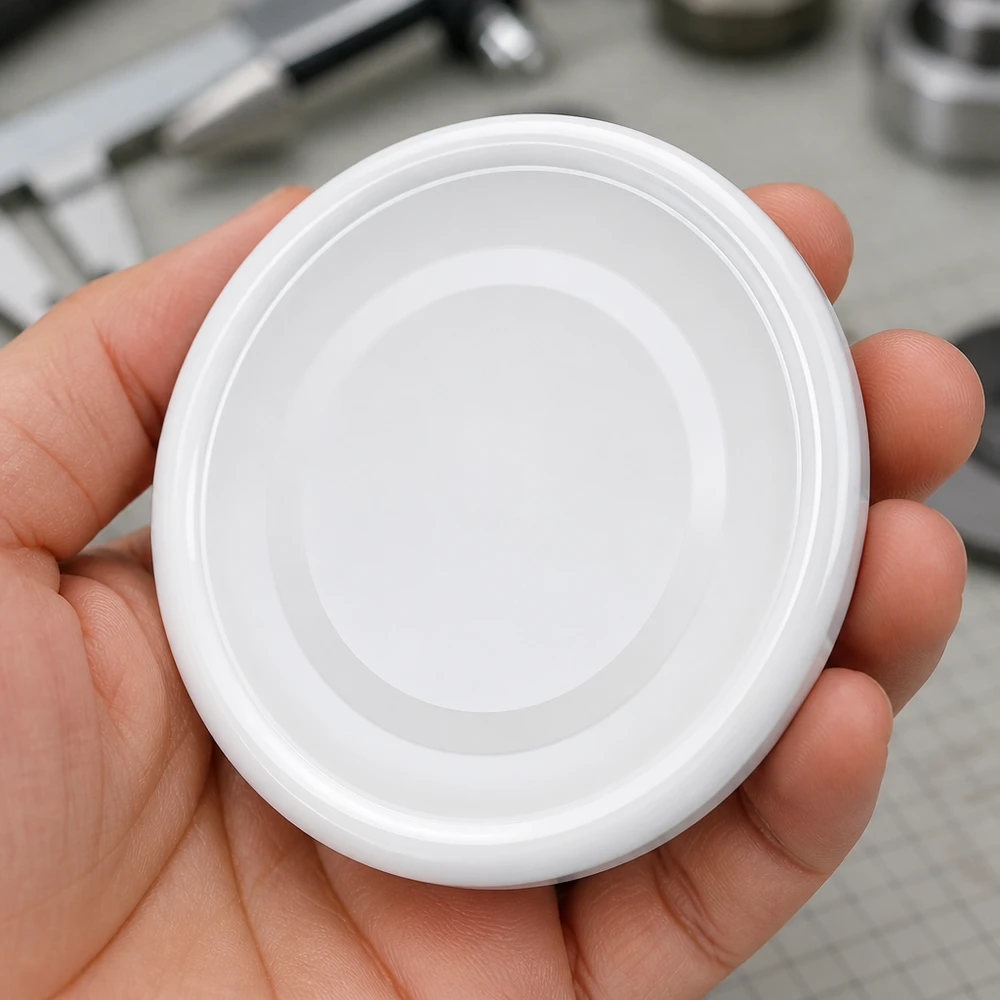 48mm BasicSeal Deckel weiss (TO48) UNiTWIST 48mm BasicSeal Twist-Off Deckel TO48 in Weiß für gewerbliche Abfüllung Einzelansicht in Hand