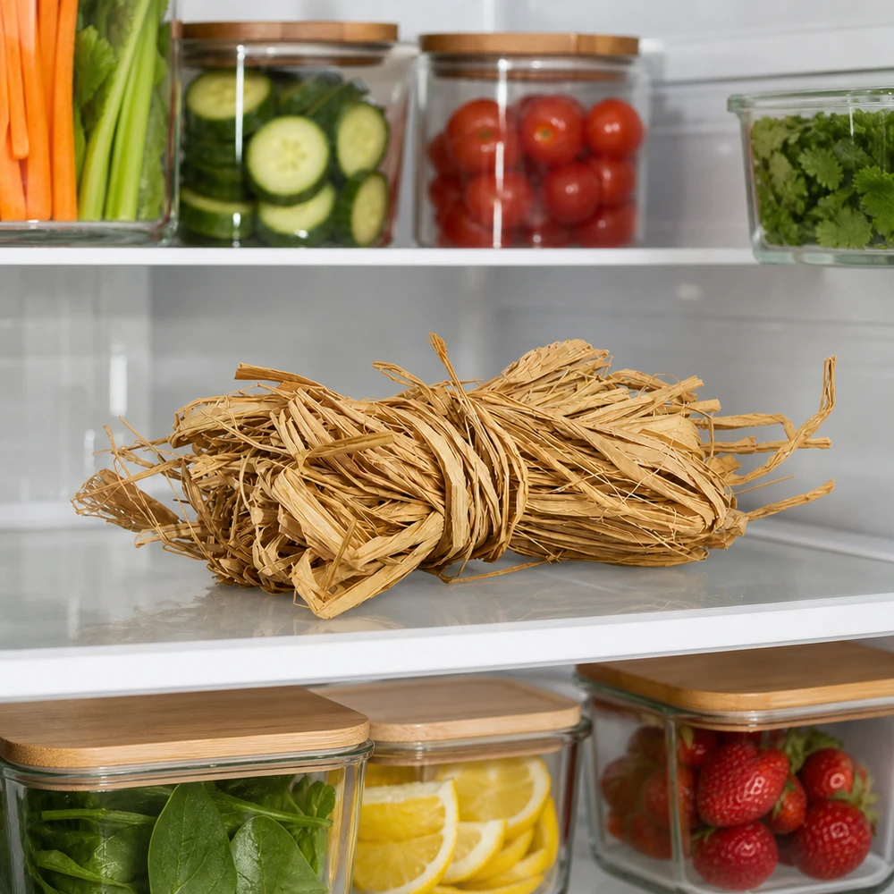 Naturbast zum Dekorieren 30g Naturbast 30g goldbeige in Kühlschrank gelagert neben Gemüse zeigt praktische Aufbewahrung für Bastelmaterial