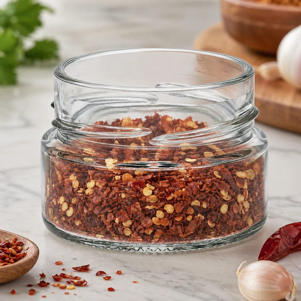 UNiTWIST Runda80 Rundglas 80ml TO58deep mit roten Gewürzflocken gefüllt auf Marmor-Küchenarbeitsplatte