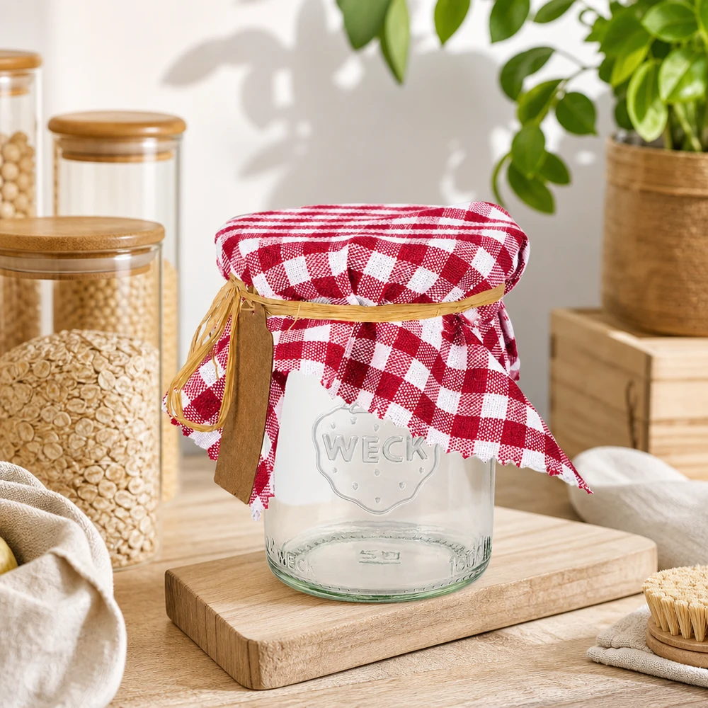 Stoff Schmuckdeckchen bordeaux-kariert 15cm eckig Bordeaux-kariertes Stoffdeckchen auf Einmachglas in skandinavischer Küche mit Holzaccessoires und Grünpflanzen