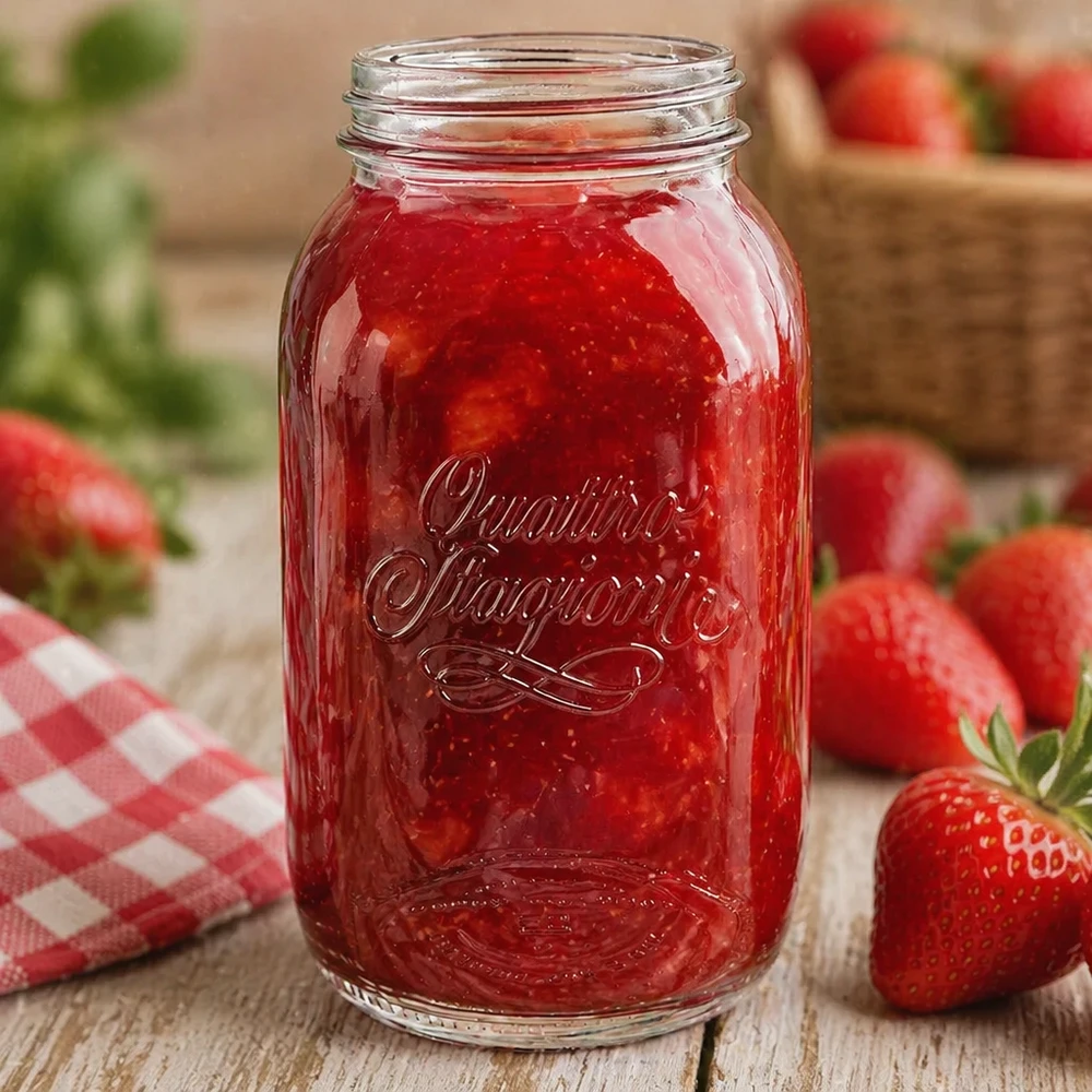 1500ml Rundglas "Quattro Stagioni" QS86mm 1500ml Quattro Stagioni Haushaltsglas mit Erdbeerkonfitüre gefüllt umgeben von frischen Erdbeeren auf Holztisch