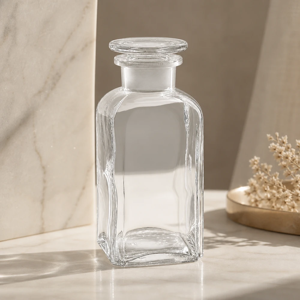 Vierkantflasche 350ml Klarglas mit Glasstopfen Weithals für gewerbliche Abfüllung und Lagerung