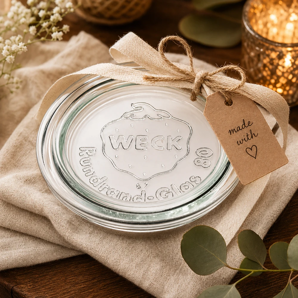 WECK Glasdeckel RR80 WECK Glasdeckel RR80 als Geschenk verpackt mit Juteschleife und Anhänger made with love auf Leinentuch dekoriert