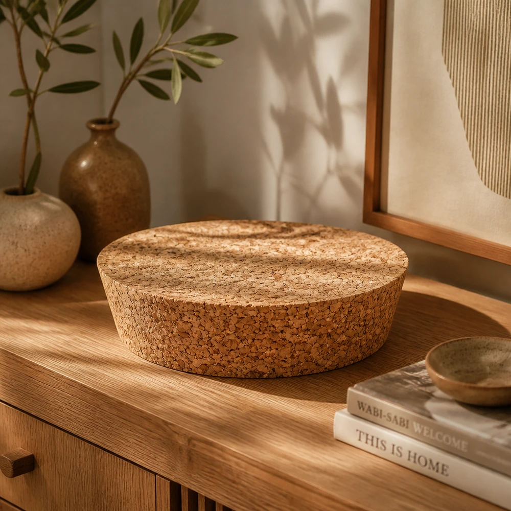 Korken für Öffnung 75mm WECK RR80 (ø72/82, H=20mm) WECK RR80 Korken Naturkork auf Holzkommode mit Büchern und Keramikvasen moderne Wohnraumdekoration 75mm Öffnung