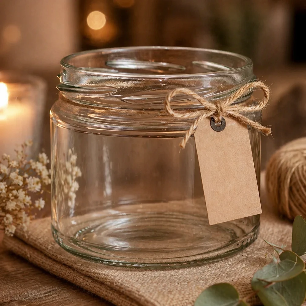 UNiTWIST Runda330 Rundglas dekorativ mit Juteband und Anhänger auf Holzuntergrund stilisiert arrangiert