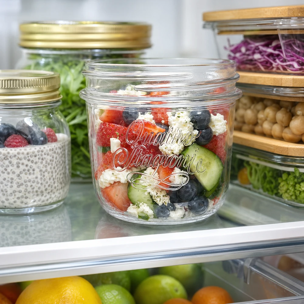 200ml Sturzglas "Quattro Stagioni" QS86mm 200ml Quattro Stagioni Schmuckglas mit frischem Salat im Kühlschrank neben anderen Vorratsgläsern mit Lebensmitteln
