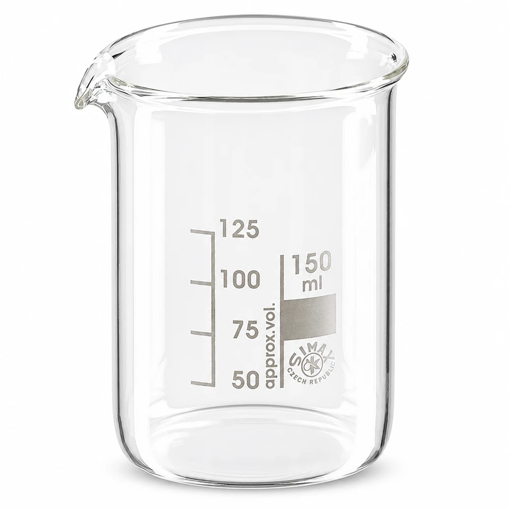 Becherglas 150ml Borosilikatglas, niedrige Form Becherglas 150ml aus Borosilikatglas niedrige Form für professionellen Laboreinsatz mit Ausguss und Graduierung