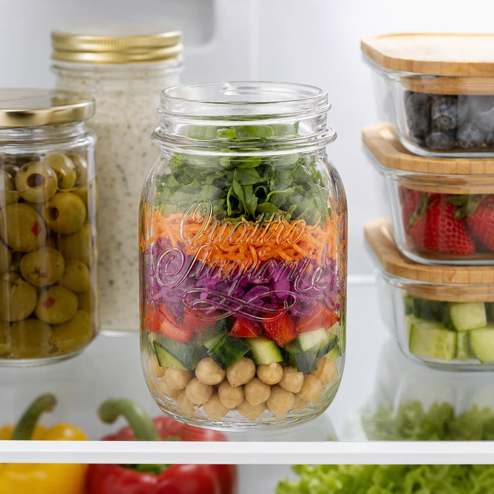500ml Rundglas "Quattro Stagioni" QS70mm 500ml Quattro Stagioni Haushaltsglas mit Schichtsalat gefüllt im Kühlschrank neben anderen Vorratsgläsern