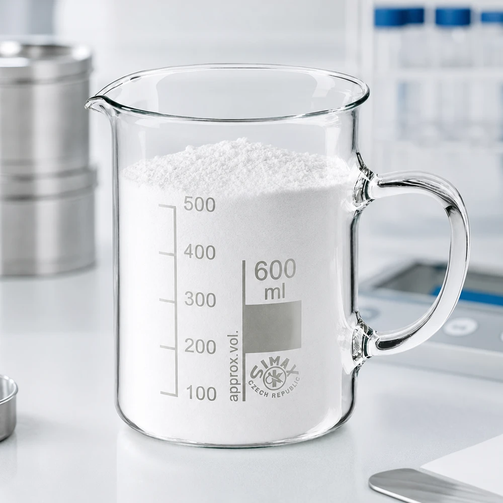 Becherglas 600ml Borosilikatglas, mit Henkel Becherglas 600ml Borosilikatglas mit Henkel gefüllt mit weißem Pulver im Labor