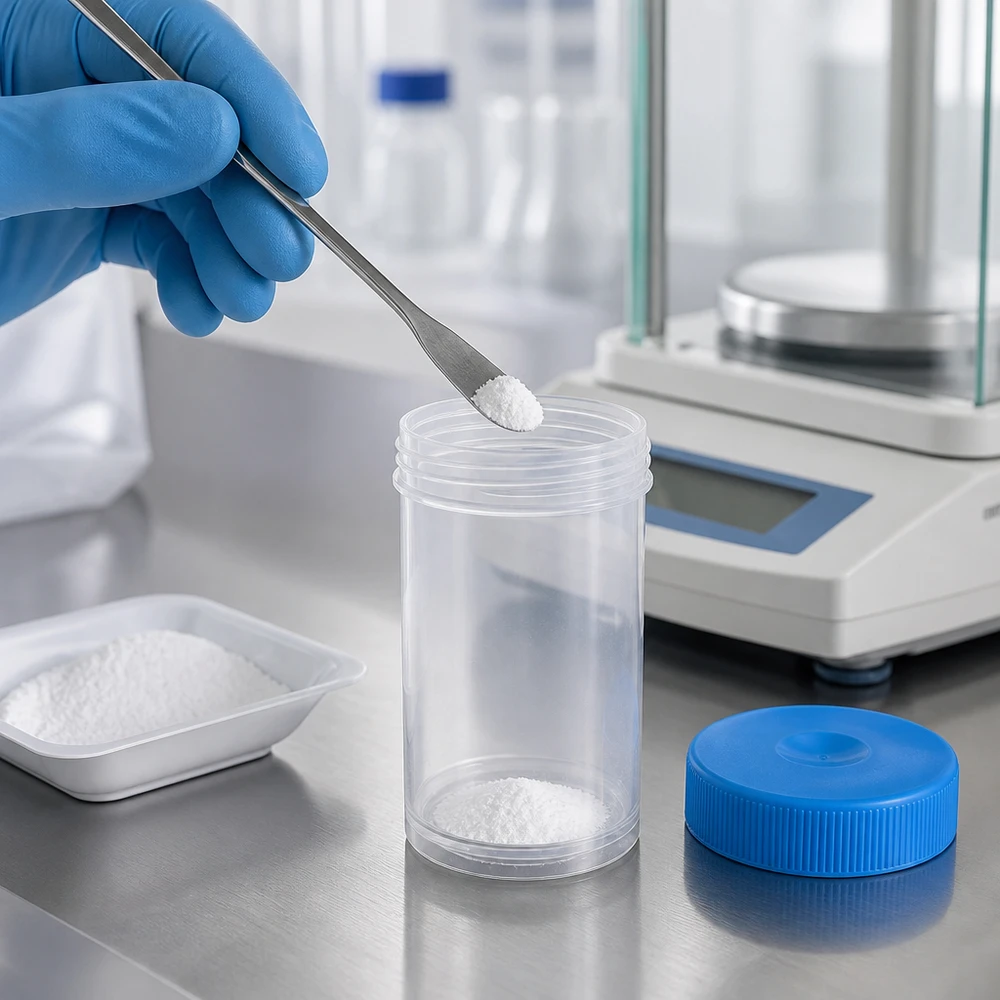 Universal Kunststoffdose (Pathogefäss) 50ml Kunststoffdose 50ml mit blauem Deckel für Laborproben auf Analysewaage im professionellen Einsatz