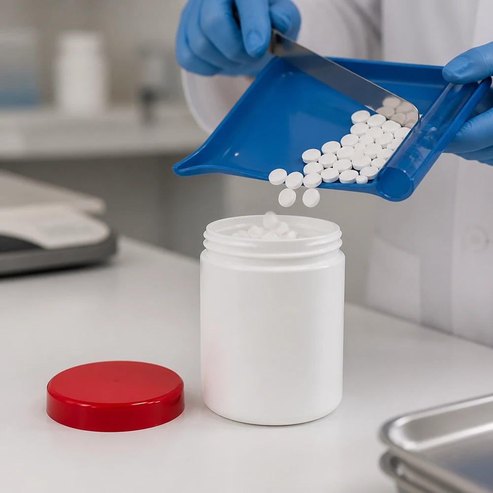 Salbenkruke 100g weiß mit rotem Schraubdeckel (Polypropylen) Salbenkruke 100g weiß PP-Kunststoff mit rotem Schraubdeckel für pharmazeutische Abfüllung im Labor