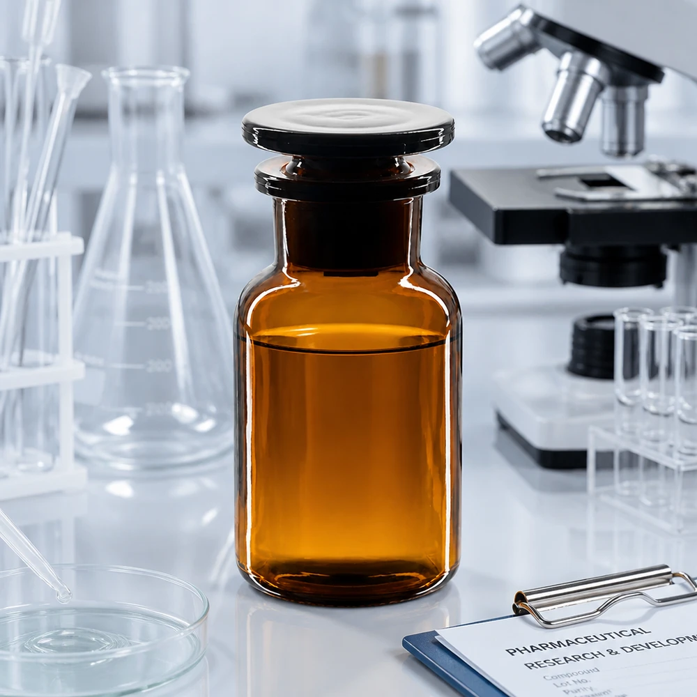 Rundschulterflasche 100ml Braunglas Weithals mit Glasstopfen für Labor und Pharmazie