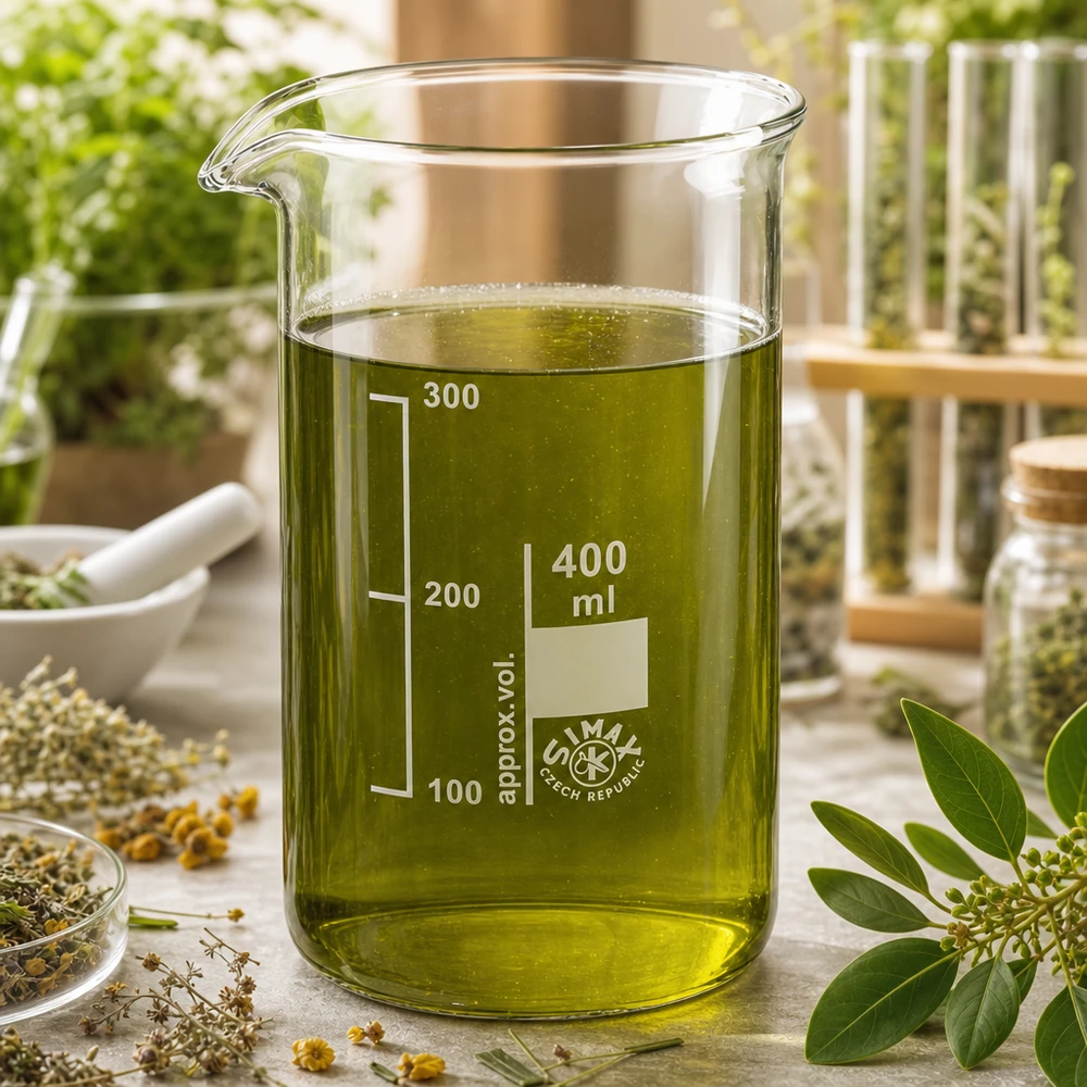 Becherglas 400ml Borosilikatglas, hohe Form Becherglas 400ml hohe Form aus Borosilikatglas mit grüner Flüssigkeit für professionelle Laboranwendungen