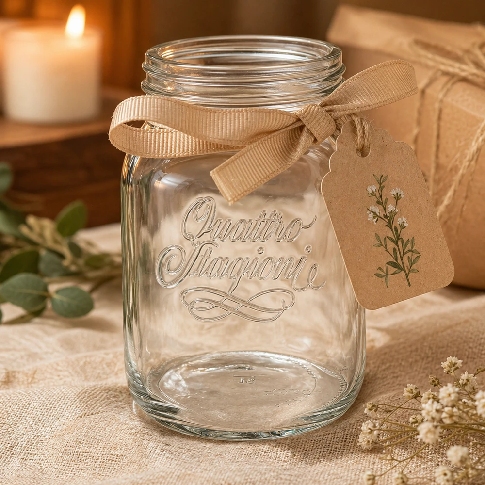 2000ml Rundglas "Quattro Stagioni" QS110mm 2000ml Quattro Stagioni Haushaltsglas mit Prägung und Dekor-Etikett für professionellen Gastronomieeinsatz bei Pacadura.