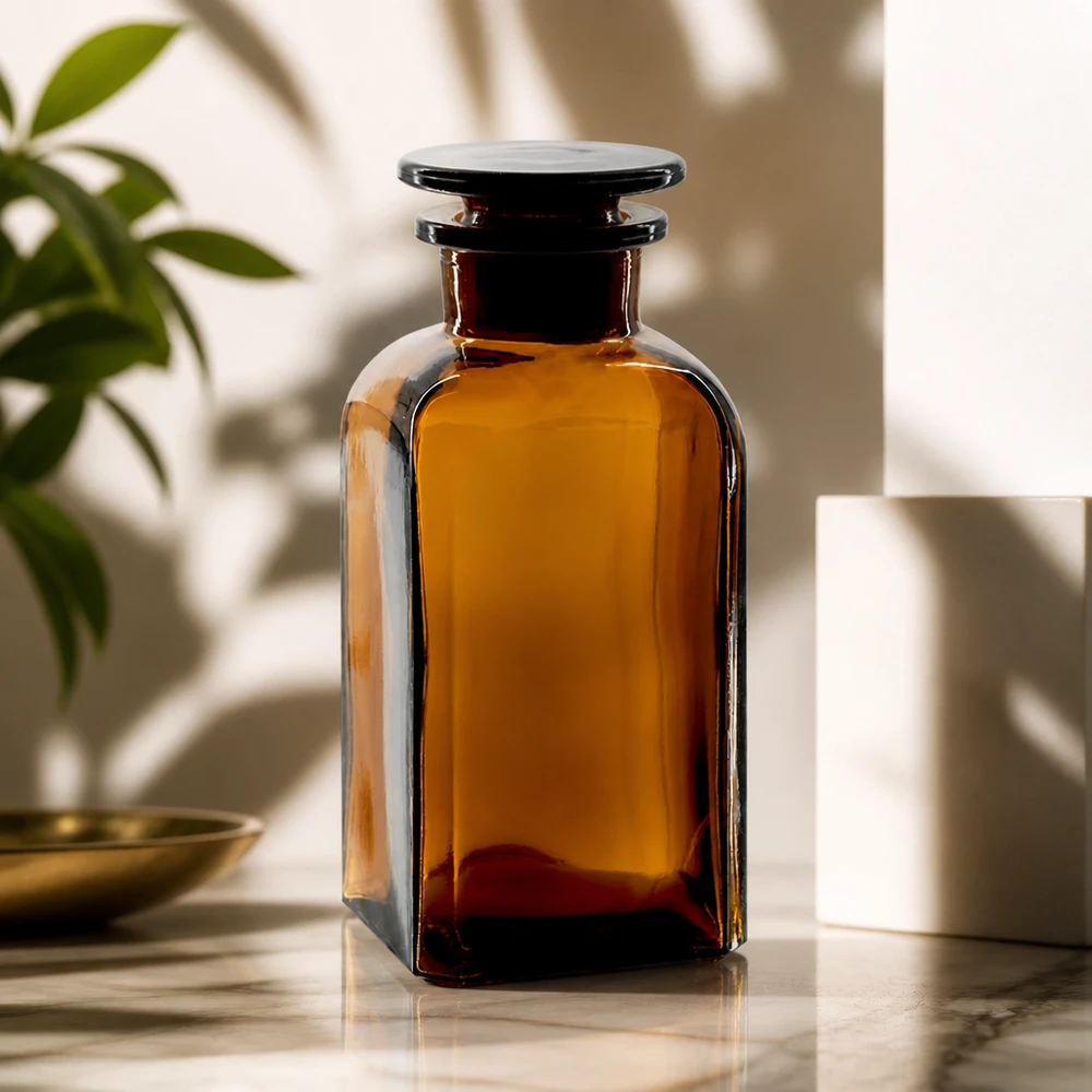 Braune Vierkantflasche 350ml Weithals mit Glasstopfen aus Apothekerglas für gewerblichen Einsatz