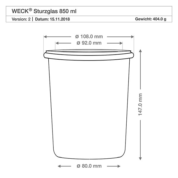 850ml Sturzglas WECK RR100 Technische Zeichnung WECK Sturzglas 850ml RR100 mit Maßangaben und Spezifikationen für gewerbliche Anwendung