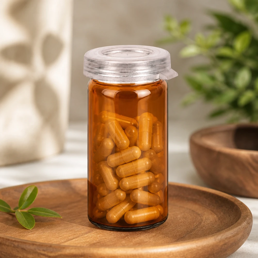 Tabletten/Rollrandglas 5ml klar mit Schnappdeckel Klares Rollrandglas 5ml mit Schnappdeckel gefüllt mit Kapseln professionelle Pharmaverpackung