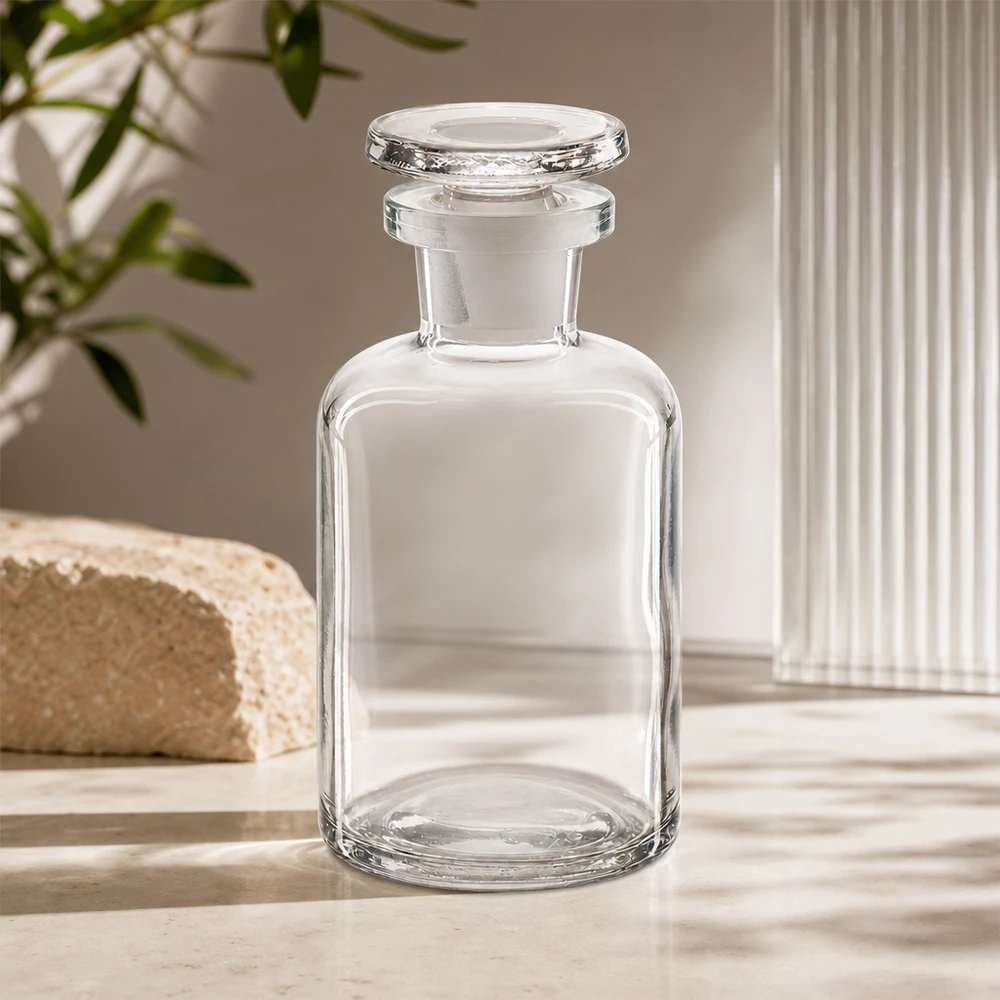 Rundschulterflasche 50ml klar Enghals mit Glasstopfen aus Borosilikatglas für Labor und Gewerbe