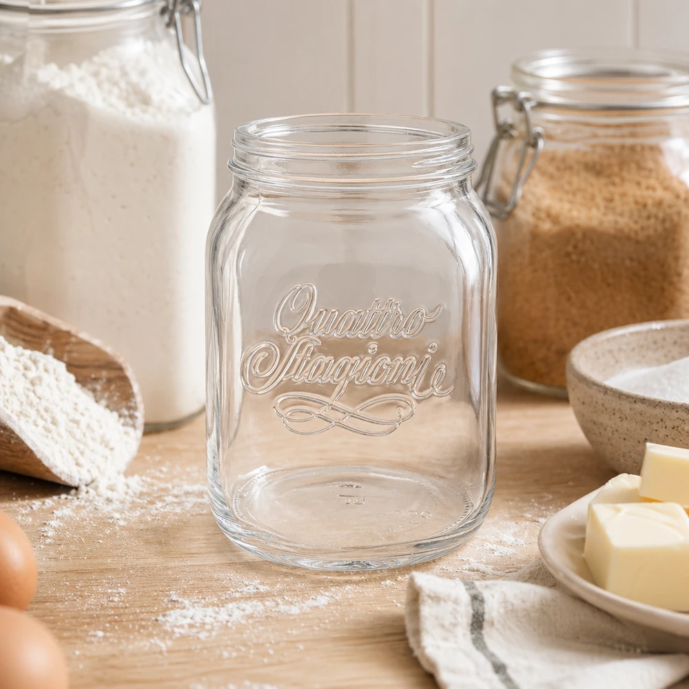 2000ml Rundglas "Quattro Stagioni" QS110mm 2000ml Quattro Stagioni Haushaltsglas für professionelle Küchen mit Relief-Prägung auf Holzarbeitsfläche zwischen Backzu