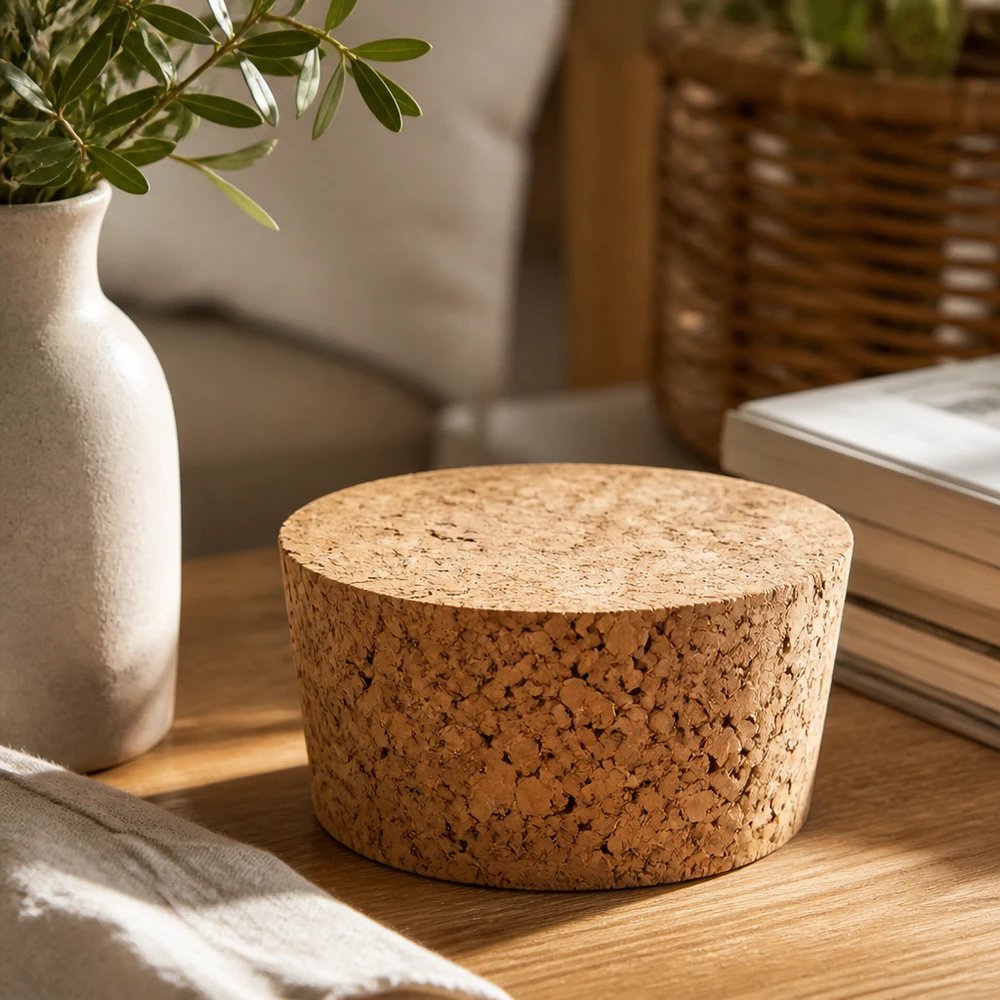 Korken für Öffnung 40mm WECK RR40 (ø38/43, H=20mm) WECK Korken RR40 Naturkork Verschluss auf Holztisch mit Vase und Büchern stilvolle Wohnraumdekoration 40mm Öffnung