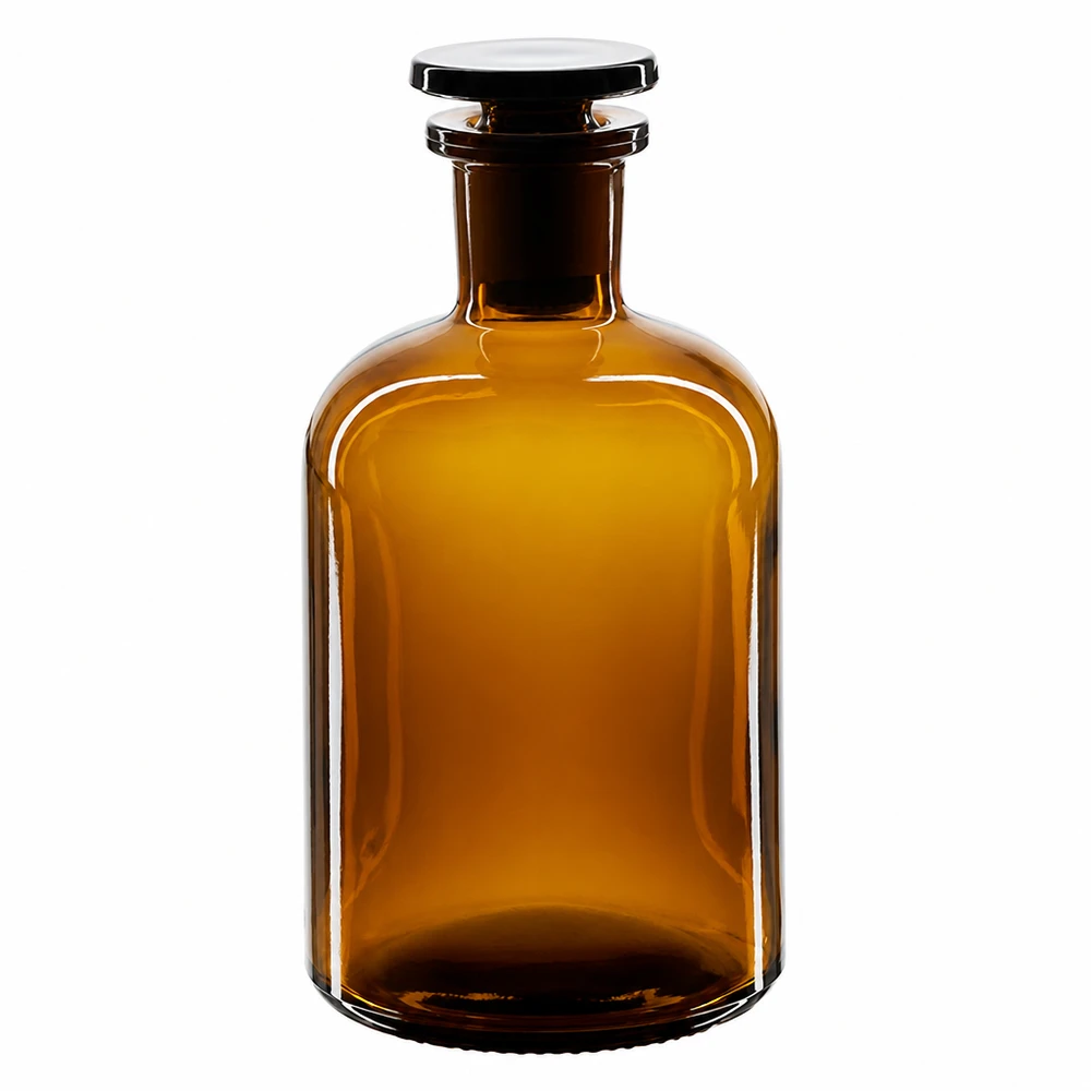 Rundschulterfl. 250ml braun Enghals Glasstopfen Braune Enghals-Rundschulterflasche 250ml aus Borosilikatglas mit Glasstopfen für Labor und Pharmazie