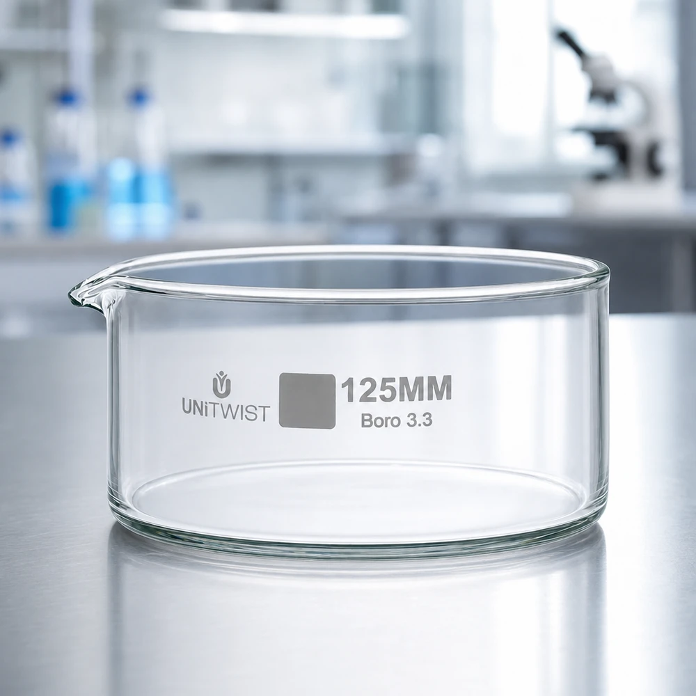 Kristallisierschale 125mm Borosilikatglas 3.3 UNiTWIST mit Ausguss für Labor und Gewerbe