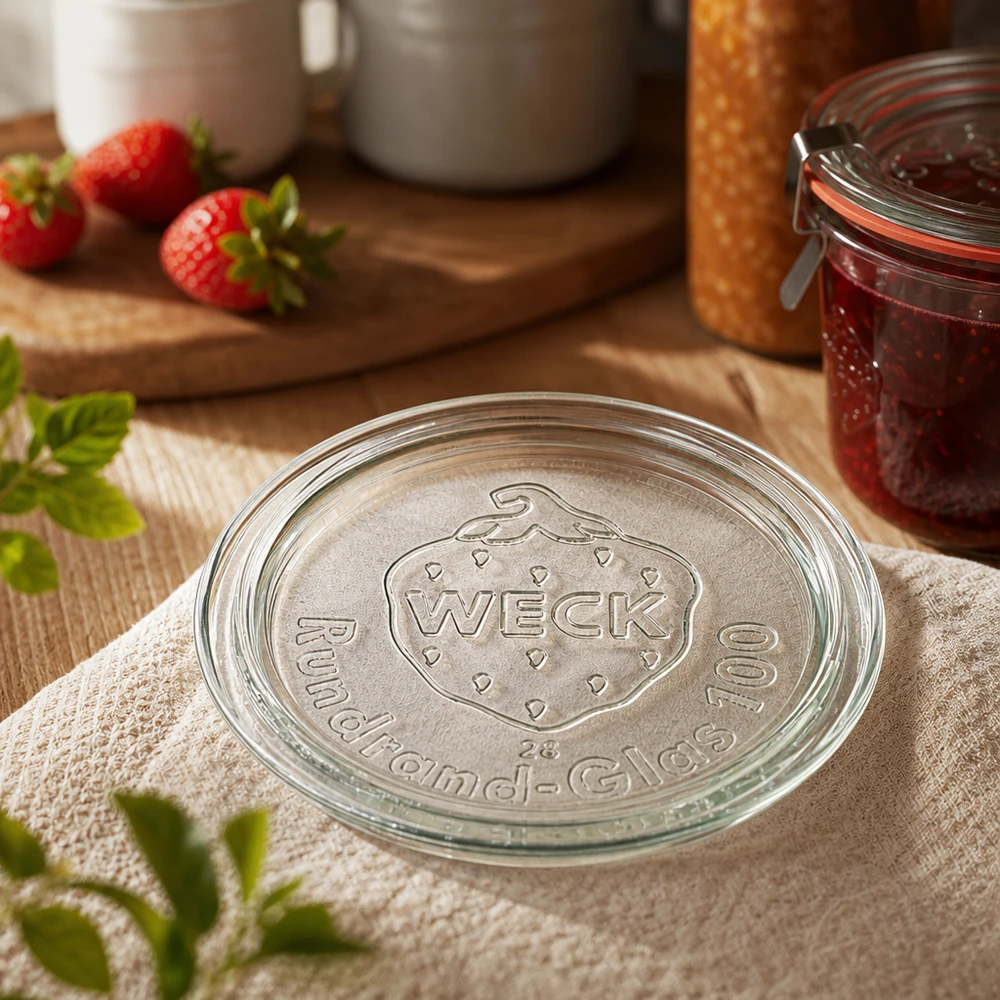 WECK Glasdeckel RR100 WECK Glasdeckel RR100 Detailaufnahme mit geprägtem Markenlogo auf Küchentuch neben Erdbeermarmelade im Glas