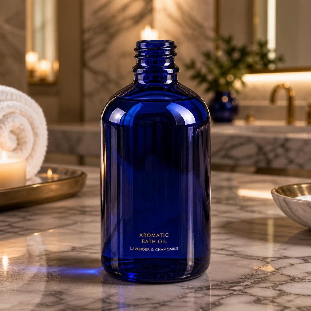 100ml blaue Apothekenflasche aus ApoGlas für professionelle Anwendung in Pharmazie und Kosmetik bei Pacadura