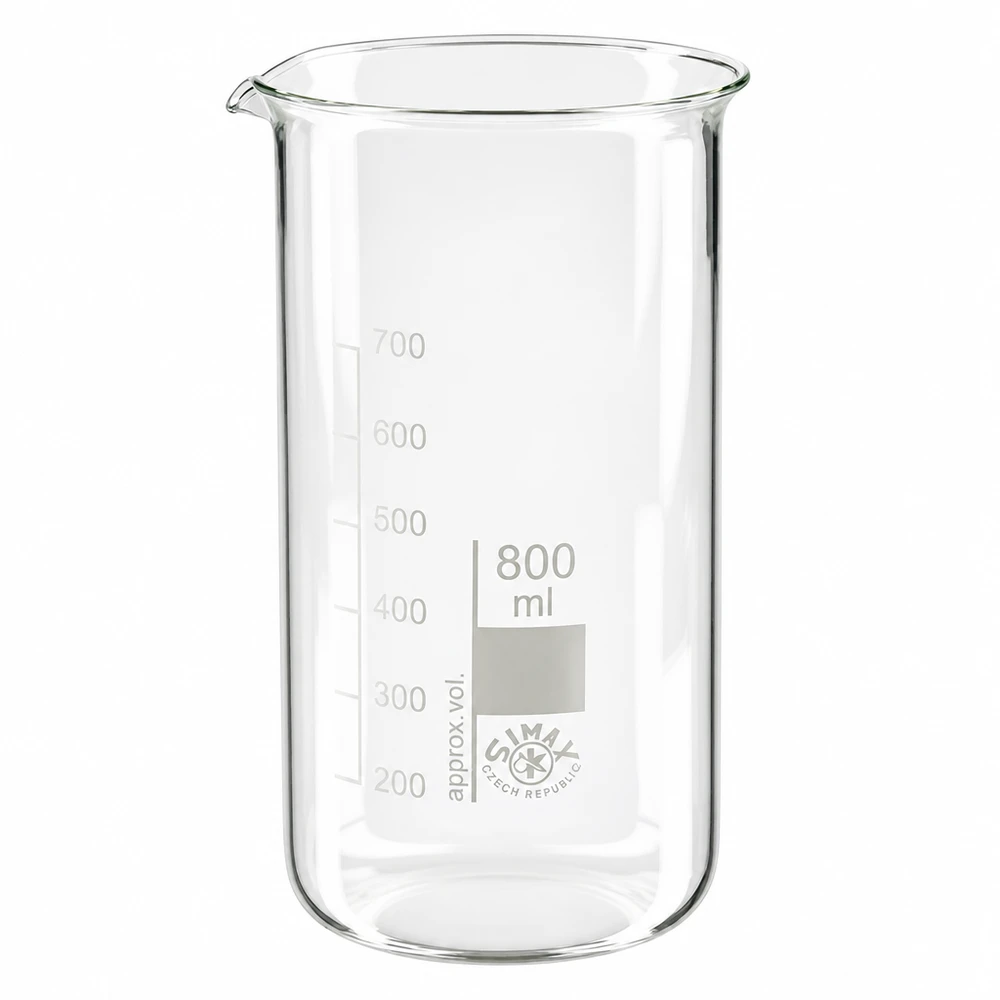 Becherglas 800ml Borosilikatglas, hohe Form Becherglas 800ml hohe Form aus Borosilikatglas mit Graduierung für professionellen Laboreinsatz