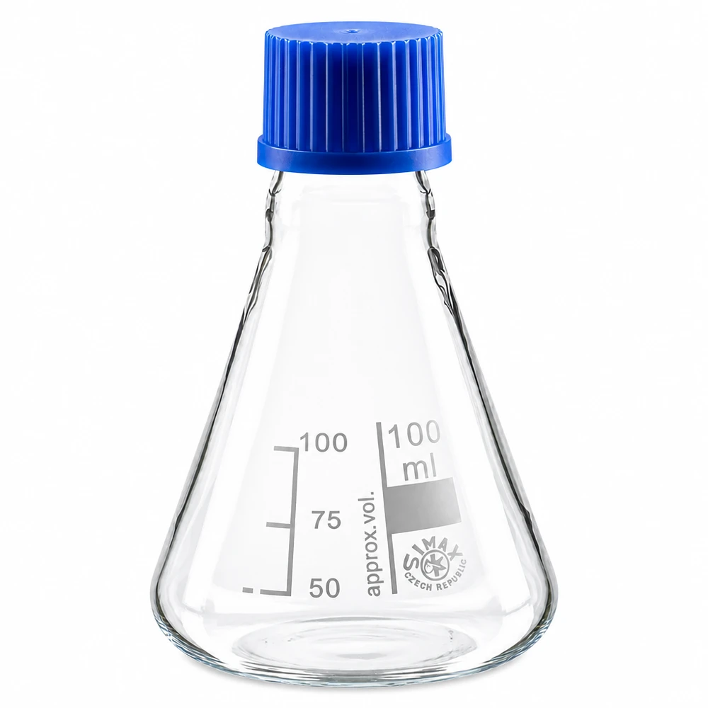 Erlenmeyerkolben 100ml mit Schraubkappe Erlenmeyerkolben 100ml Glas mit blauer Schraubkappe für Labor und Industrie - professionelle Laborausstattung