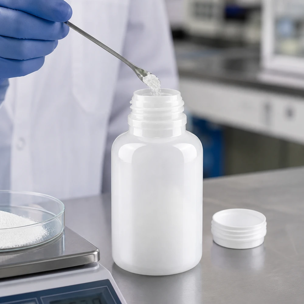 250ml Weithals-Laborflasche aus HDPE für professionelle Laboranwendungen beim Abfüllen von Pulver