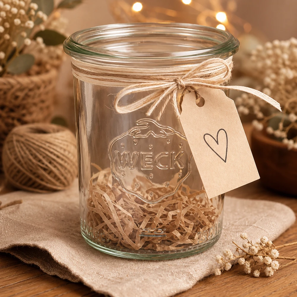160ml Sturzglas WECK RR60 160ml Sturzglas WECK RR60 mit Herzanhänger und Bastschnur als Geschenkverpackung auf Holztisch dekoriert