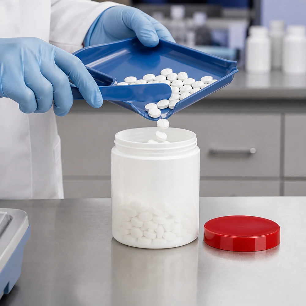 Salbenkruke 30g weiß PP-Kunststoff roter Schraubdeckel pharmazeutische Abfüllung Labor professionell
