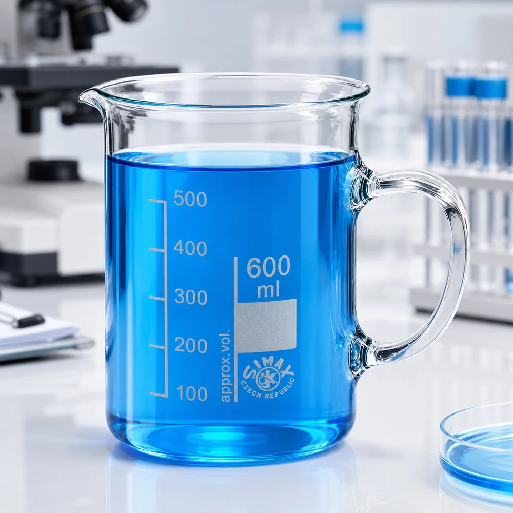 Becherglas 600ml Borosilikatglas, mit Henkel Becherglas 600 ml Borosilikatglas mit Henkel gefüllt mit blauer Flüssigkeit im Labor