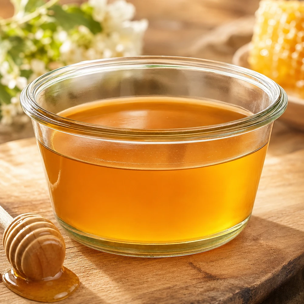 WECK RR100 290ml Gourmetglas mit goldenem Honig gefüllt auf Holztisch neben Honiglöffel und Bienenwaben