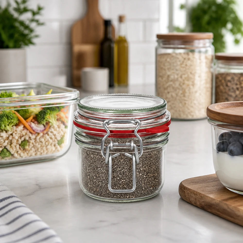 255ml Bügelverschlussglas mit Chia-Samen befüllt in moderner Gastro-Küche mit Meal-Prep-Behältern