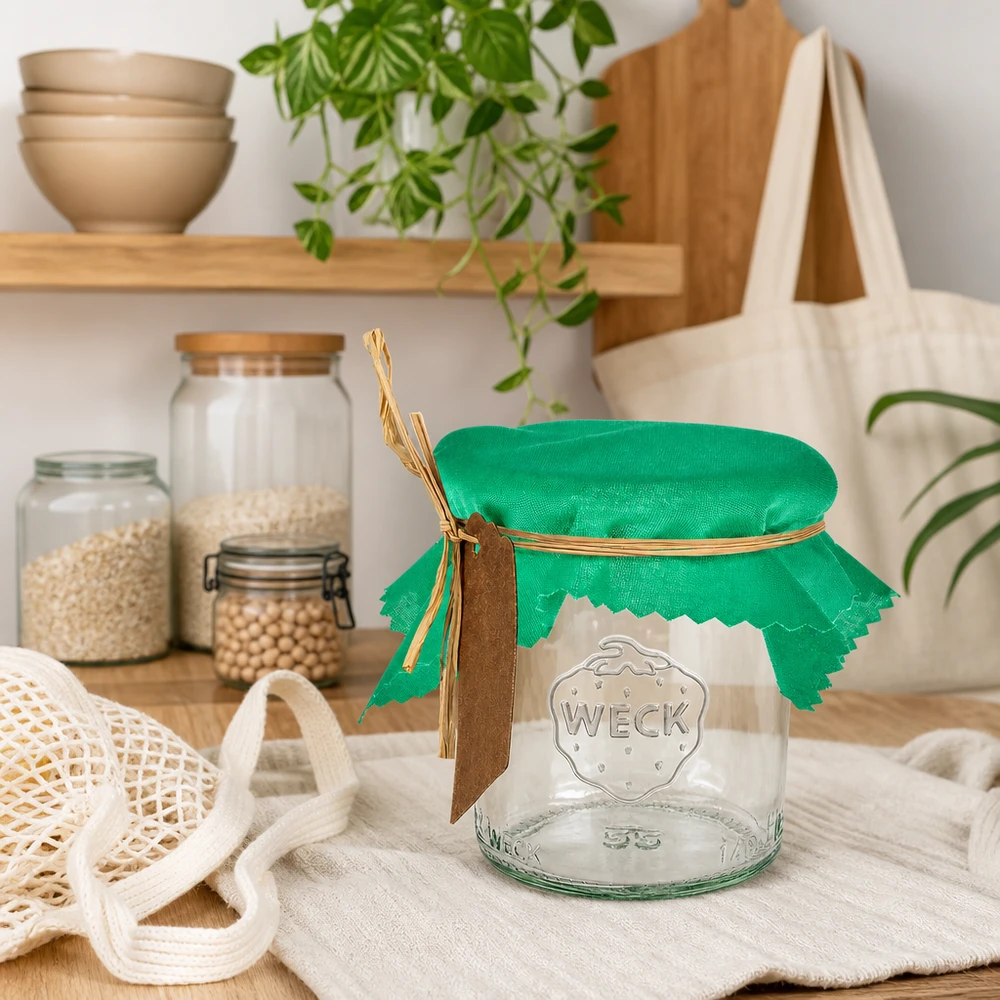 Grünes Schmuckdeckchen 12cm eckig auf WECK Glas in nachhaltiger Zero-Waste Küche mit Vorratsbehältern und Jutebeutel