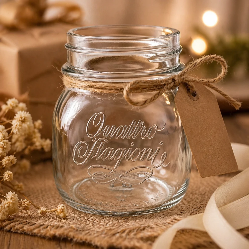 150ml Rundglas "Quattro Stagioni" QS56mm 150ml Quattro Stagioni Haushaltsglas mit Deckel und Juteband, dekoratives Einmachglas auf rustikalem Holztisch