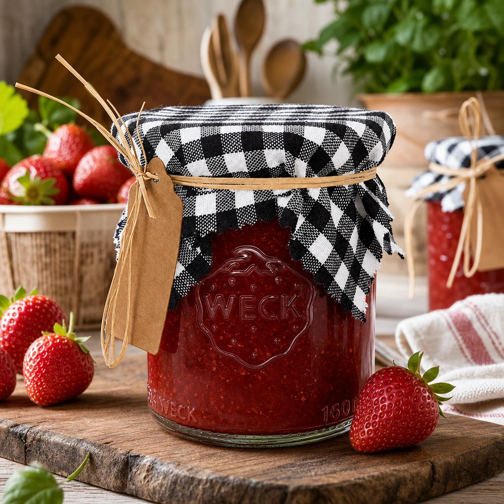 Stoff Schmuckdeckchen schwarz-kariert 12cm eckig Kariertes Stoffdeckchen schwarz-weiß auf Marmeladenglas mit Erdbeeren, rustikale Küchendeko im Vintage-Stil