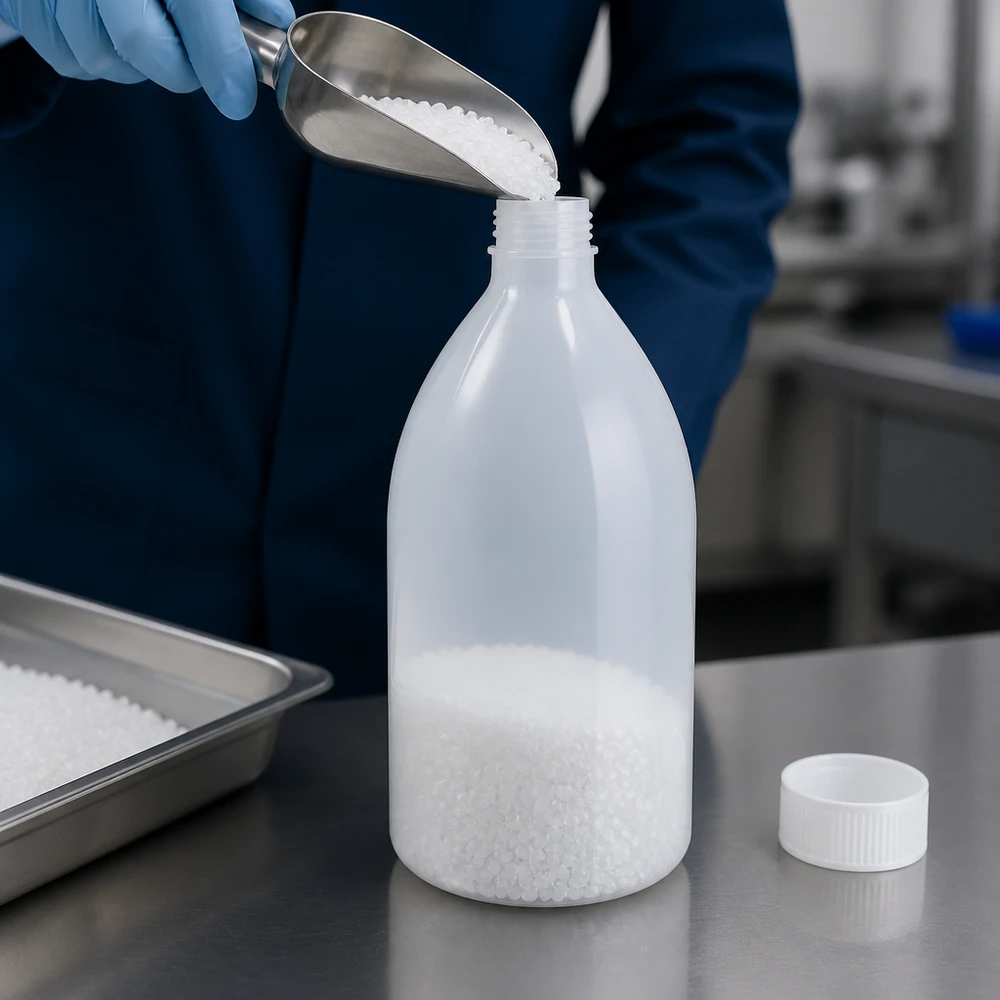 1000ml Laborflasche Enghals ohne Verschluss 1000ml Enghals-Laborflasche aus HDPE beim Befüllen mit Granulat im Labor