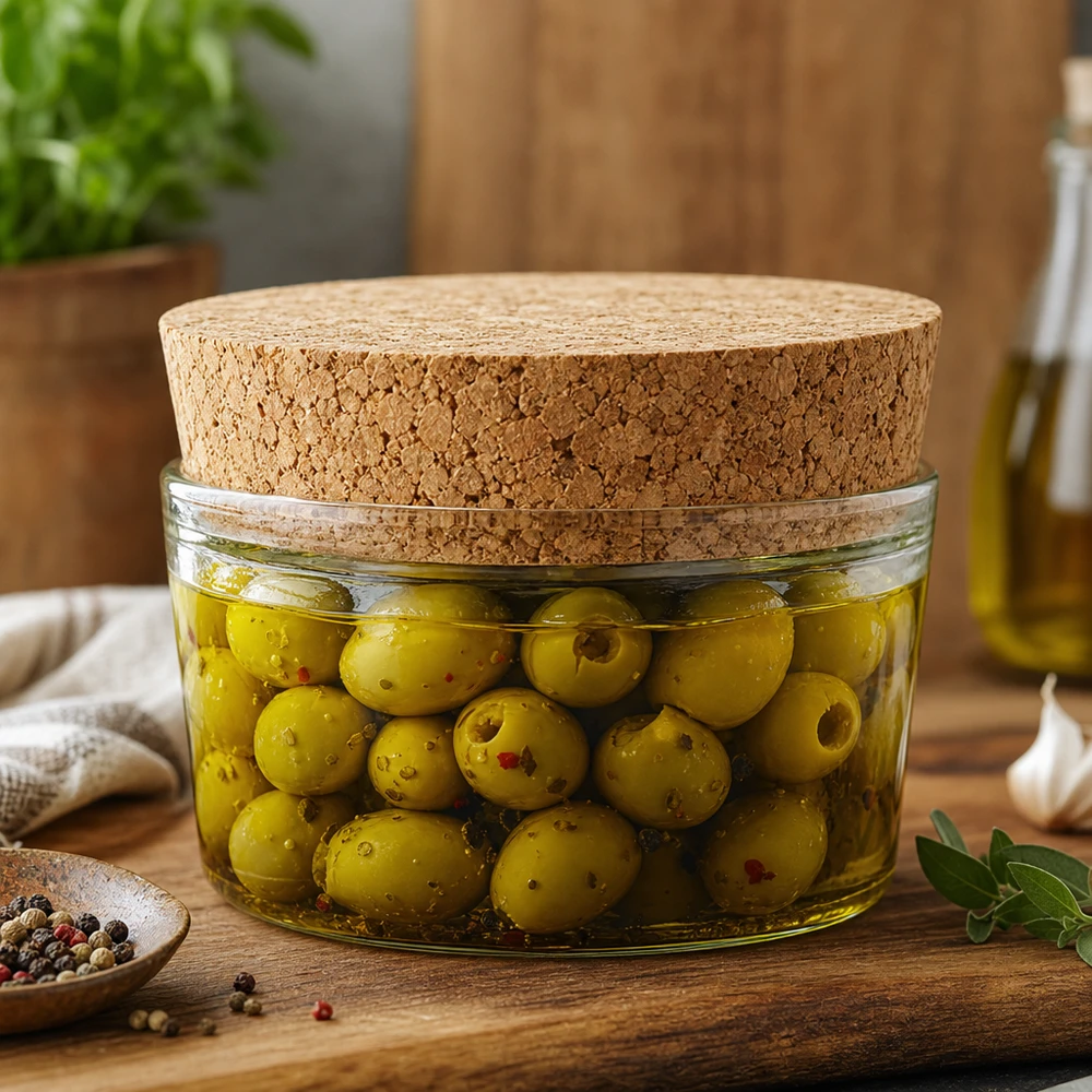 Eingelegte Oliven in WECK Glas mit Korken RR40 Verschluss professionelle Lebensmittelaufbewahrung Gastronomie 40mm