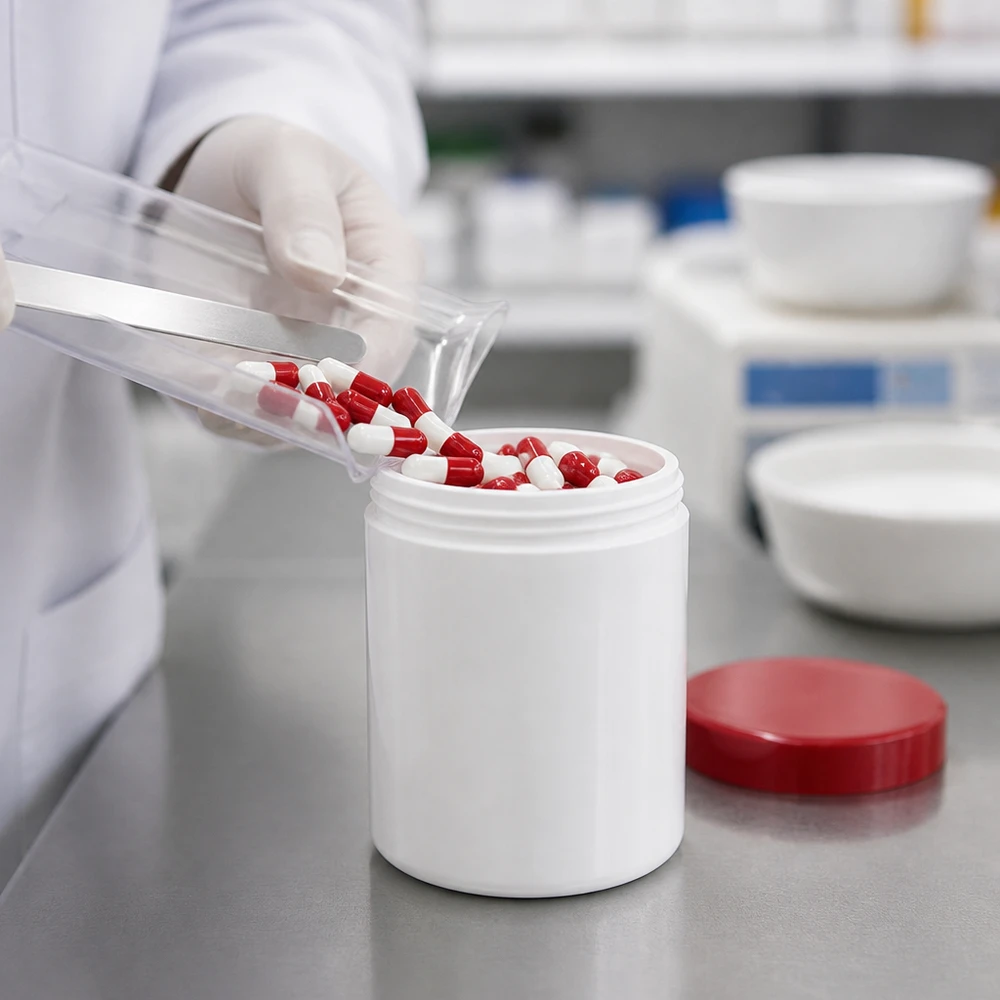 Salbenkruke 500g weiß mit rotem Schraubdeckel (Polypropylen) Salbenkruke 500g weiß PP-Kunststoff mit rotem Schraubdeckel für pharmazeutische Abfüllung im Labor
