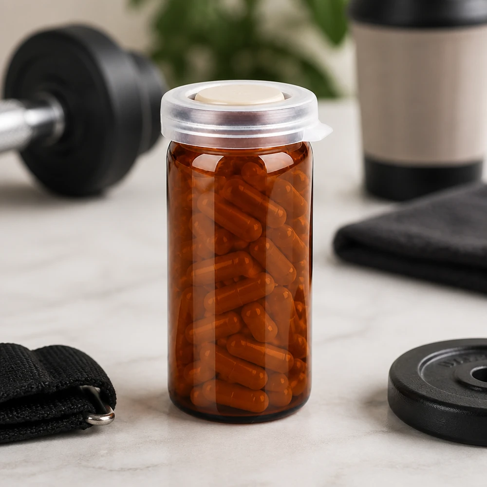Tabletten/Rollrandglas 10ml braun mit Schnappdeckel Braunes Rollrandglas 10ml mit Schnappdeckel gefüllt mit Kapseln vor Hantel und Gewichtsscheibe